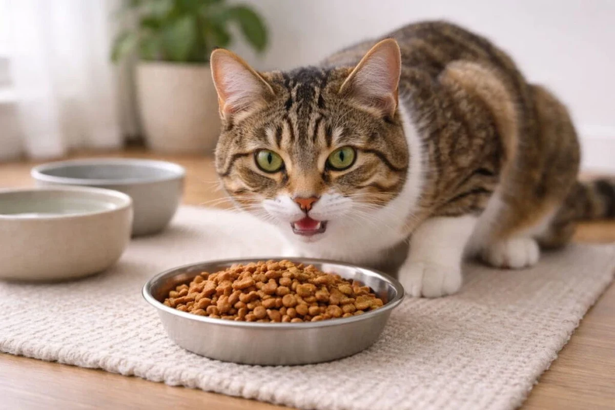 A healthy cat sitting near a litter box, looking content after treatment for diarrhea.