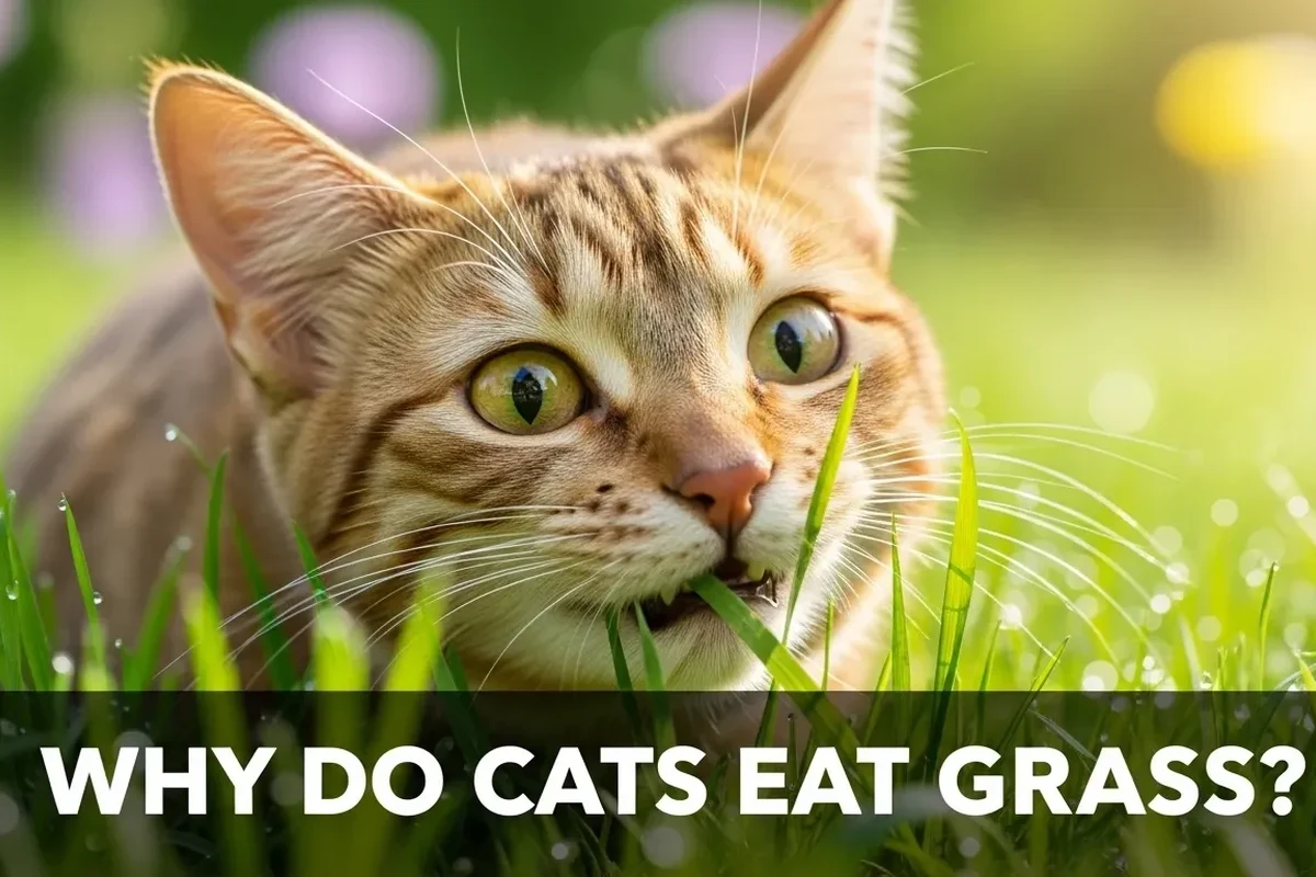 A playful cat nibbling on grass in a green garden.