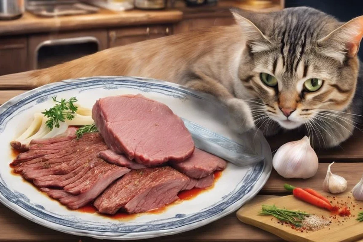 A cat enjoying a healthy meat-based meal.