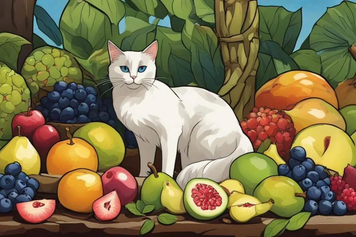 A variety of fruits safe for cats, including blueberries, watermelon, and bananas.