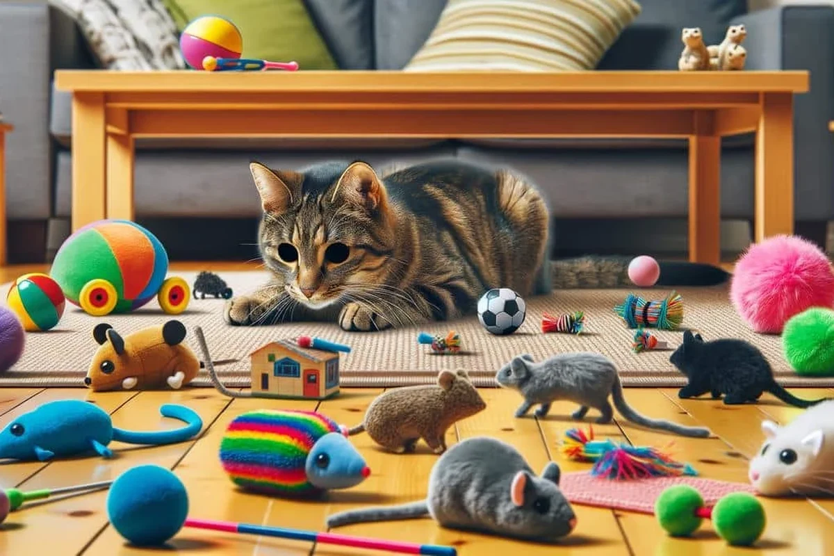 A playful cat engaging with various types of toys at home