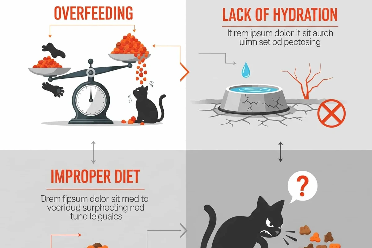 A cat enjoying a meal from a bowl with various types of cat food around.
