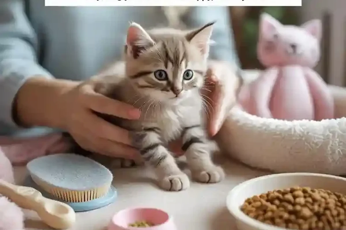 A happy kitten playing with toys in a cozy environment.