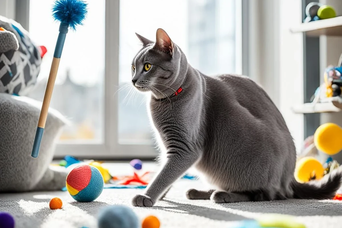 A playful cat engaging with various types of toys at home